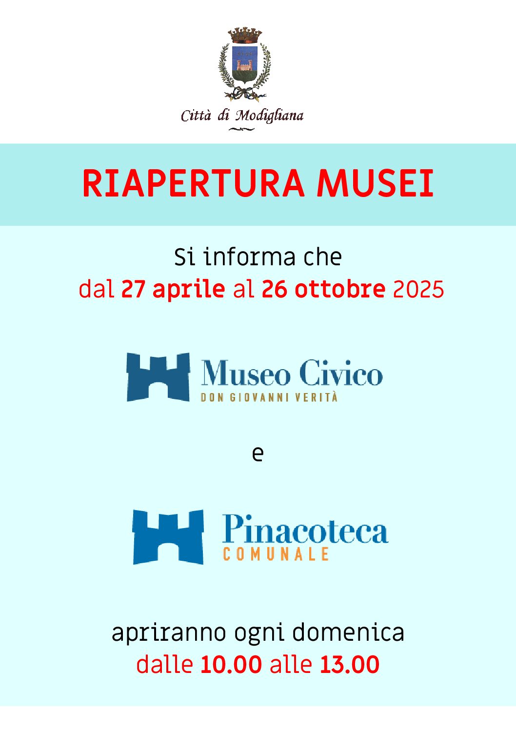 27 APRILE – 26 OTTOBRE – RIAPERURA MUSEI